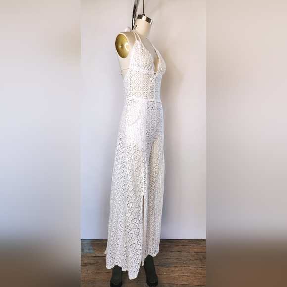 Free People Lace Ivory Jumpsuit Halter See Through Pockets Wide Legs w/ Slits S - Picture 11 of 15